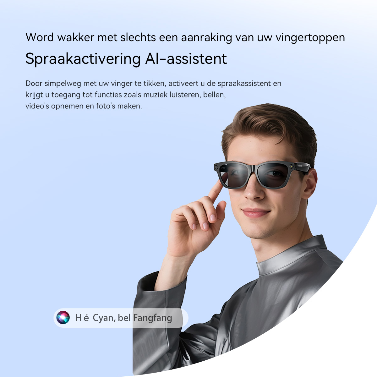 Man in sunglasses taps glasses, activating voice assistant.