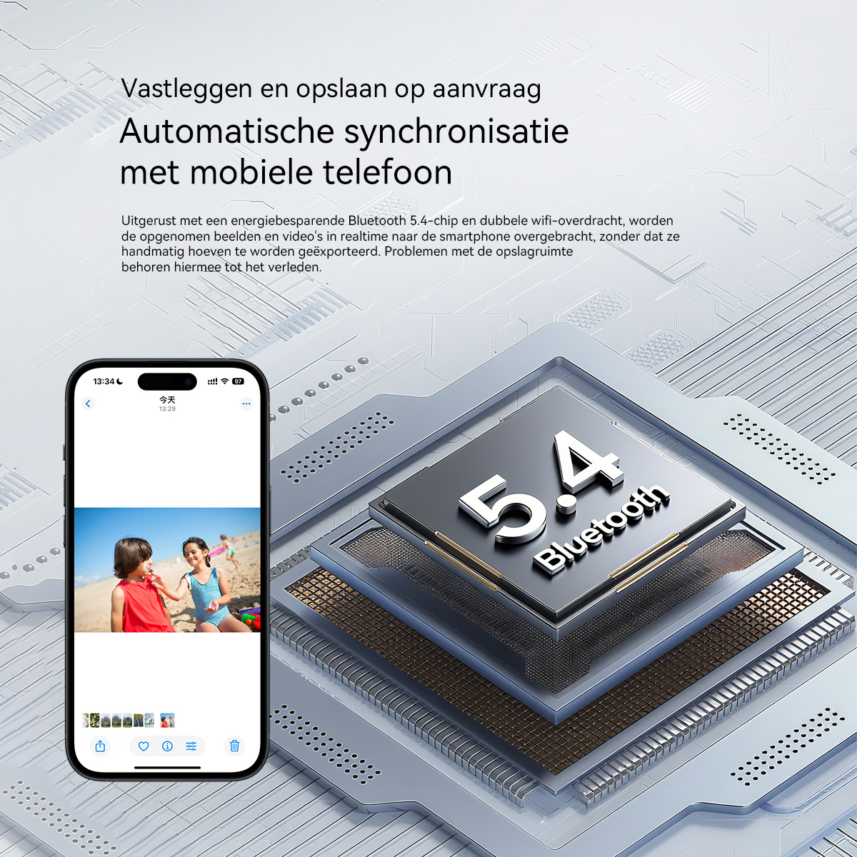 A smartphone displays photos; a microchip graphic with Bluetooth 5.4 is in the background.