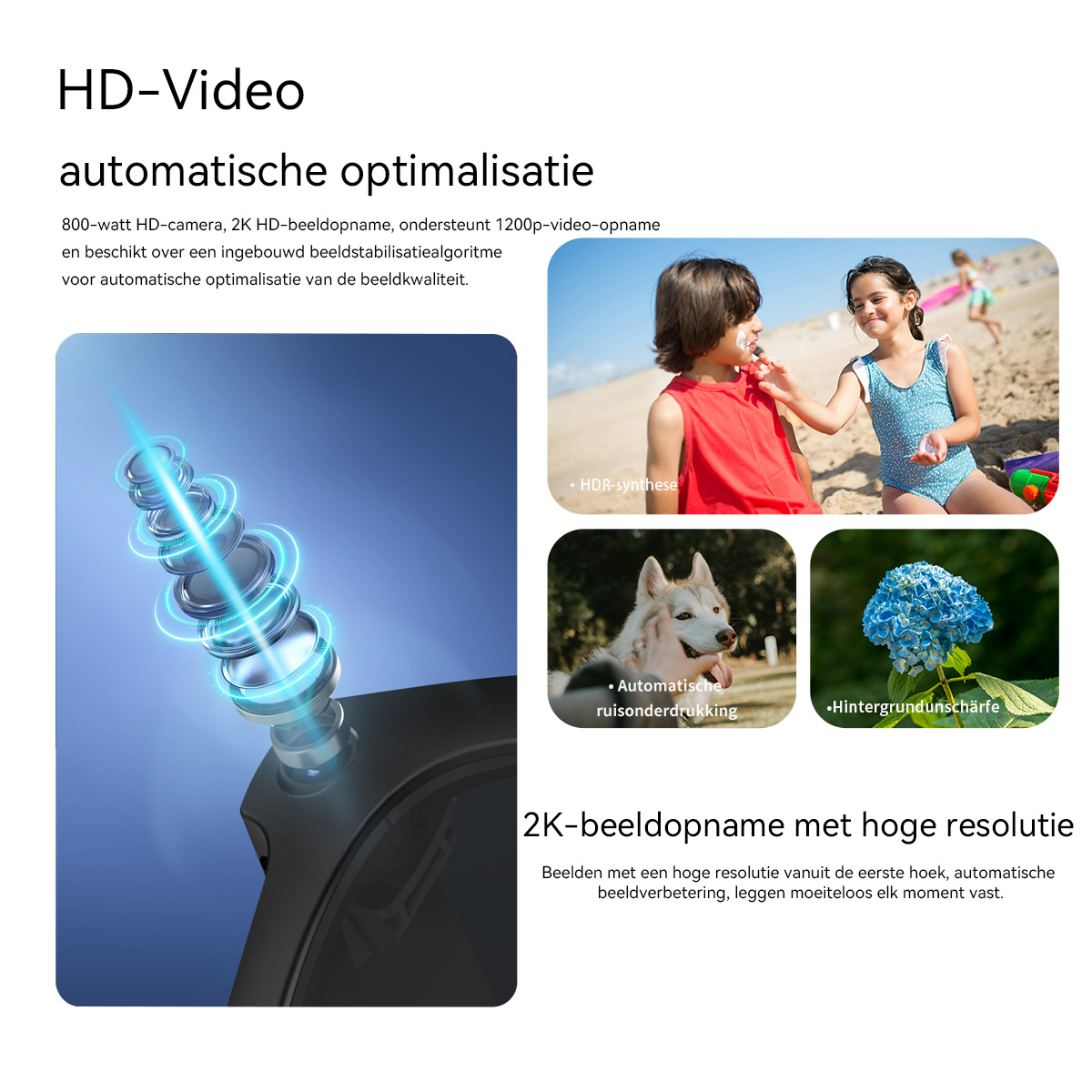 HD-camera lensafbeelding en strandscène met kinderen, hond en bloem.