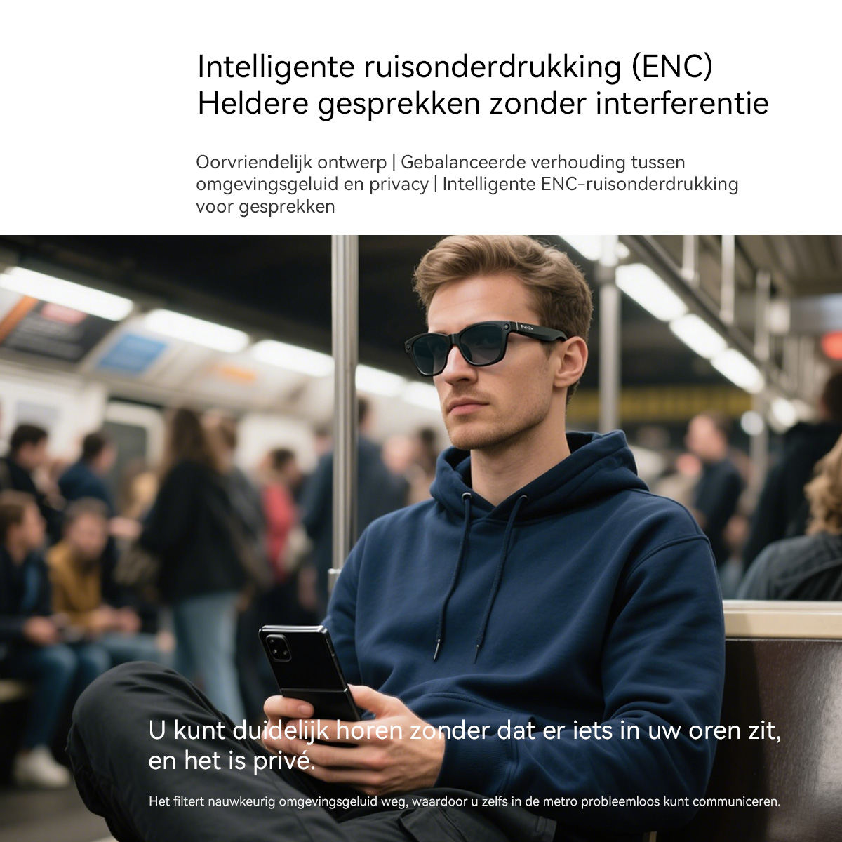Man on a train wearing headphones, using his phone.