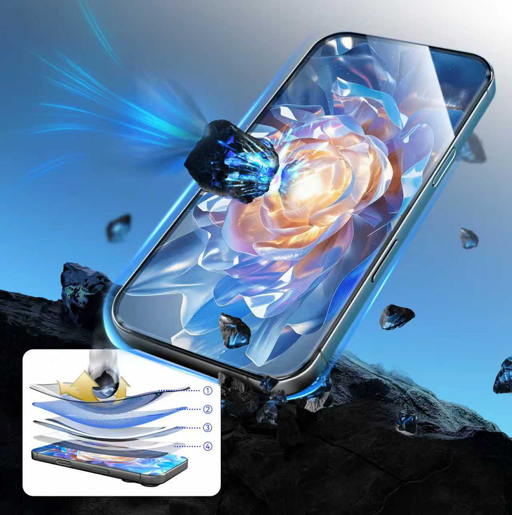 Etrafında kayalar olan mavi arka planlı bir akıllı telefon.
