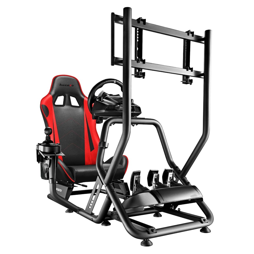 Czarny fotel do symulatora wyścigów z czerwonymi akcentami, kierownicą, pedałami i stojakiem na monitor.