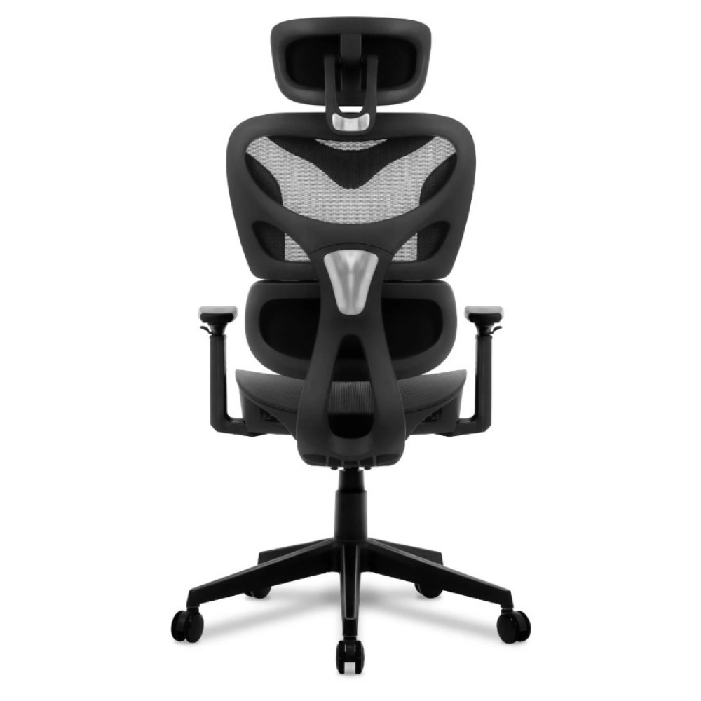 Widok z tyłu czarnego krzesła biurowego z siatkowym oparciem i regulowanym zagłówkiem.