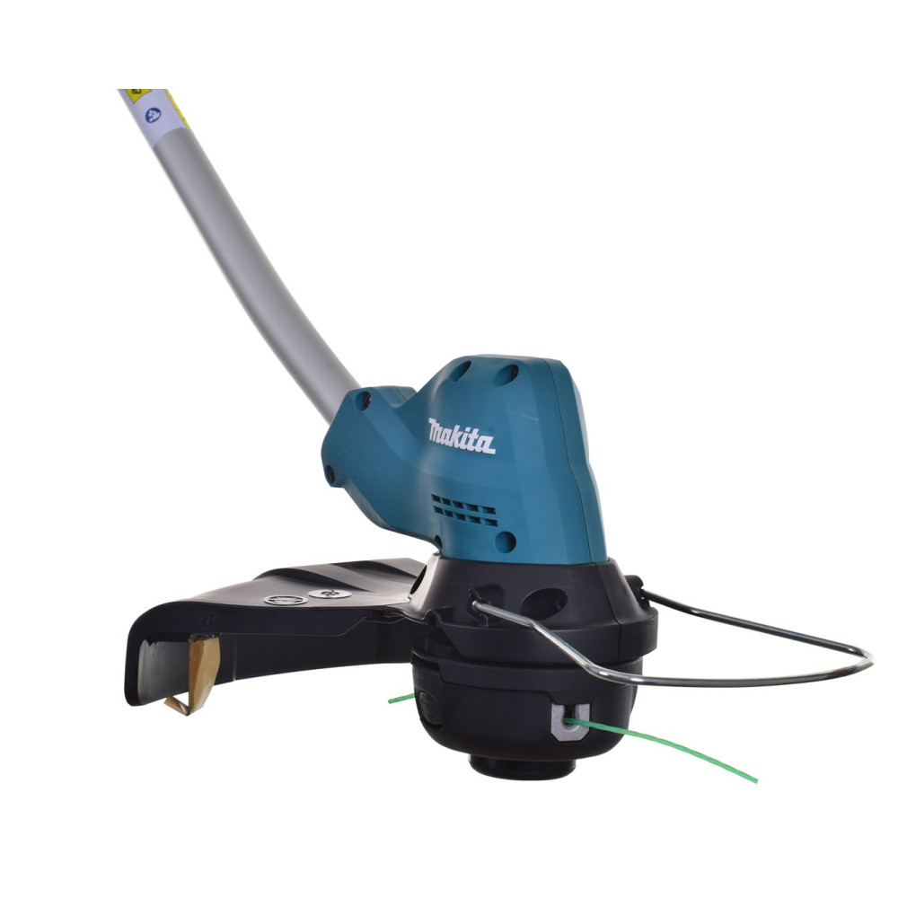 Testa di decespugliatore Makita turchese con albero argentato e protezione nera.