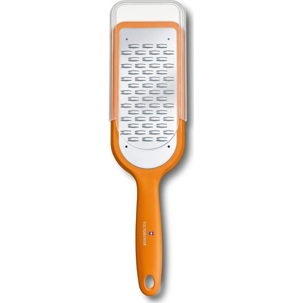 Orange Victorinox Reibe mit klarer Schutzabdeckung und Edelstahl-Reibefläche.