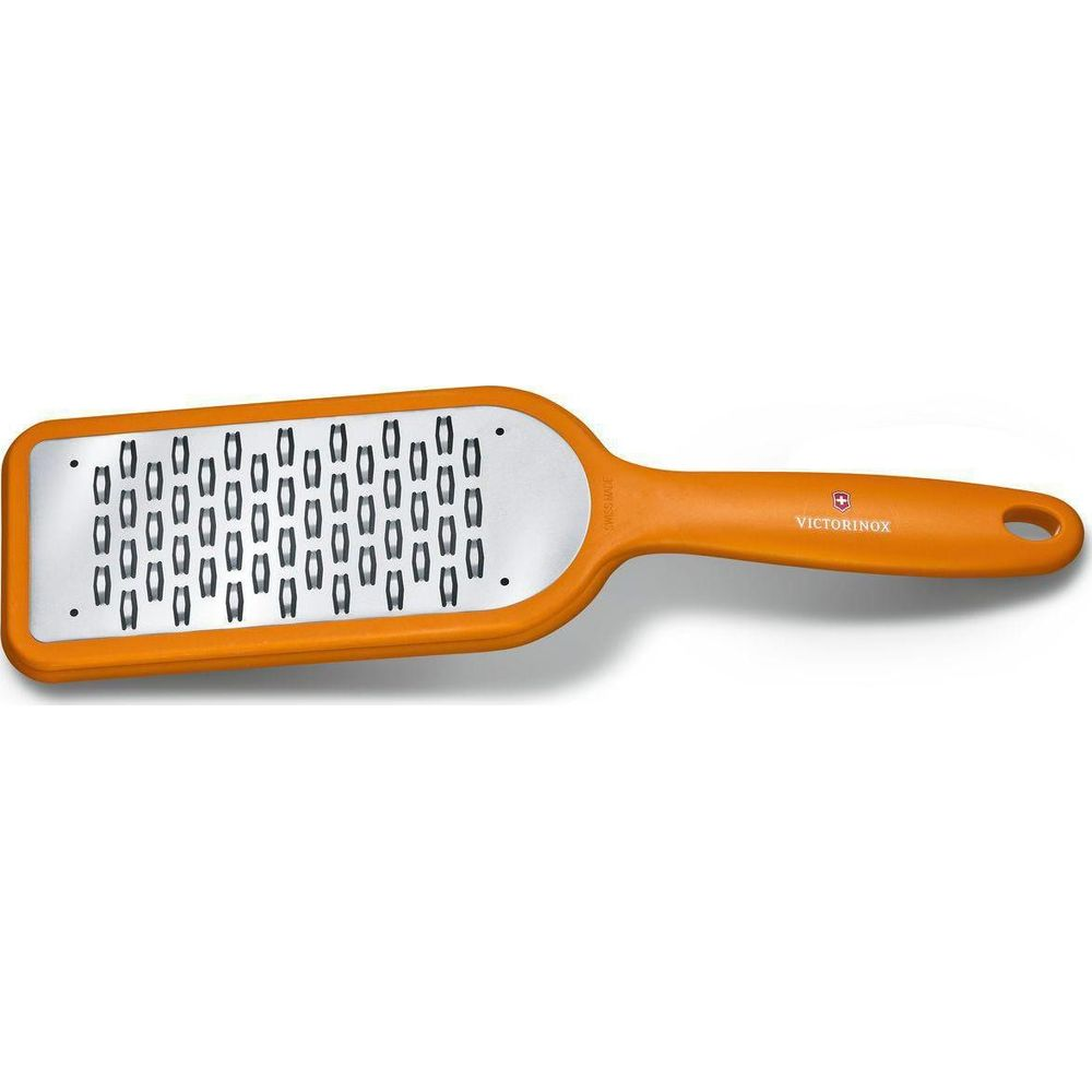 Orangefarbene Victorinox-Reibe mit rechteckiger Metallreibefläche und Griff.