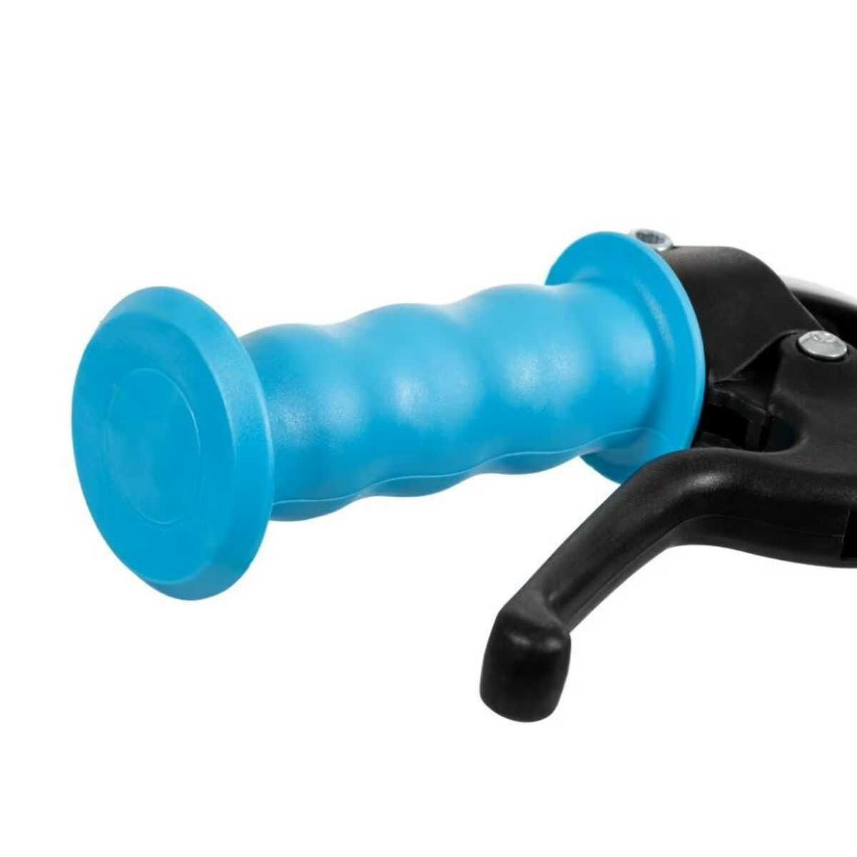 Niebieski uchwyt kierownicy z czarną dźwignią hamulca na białym tle.