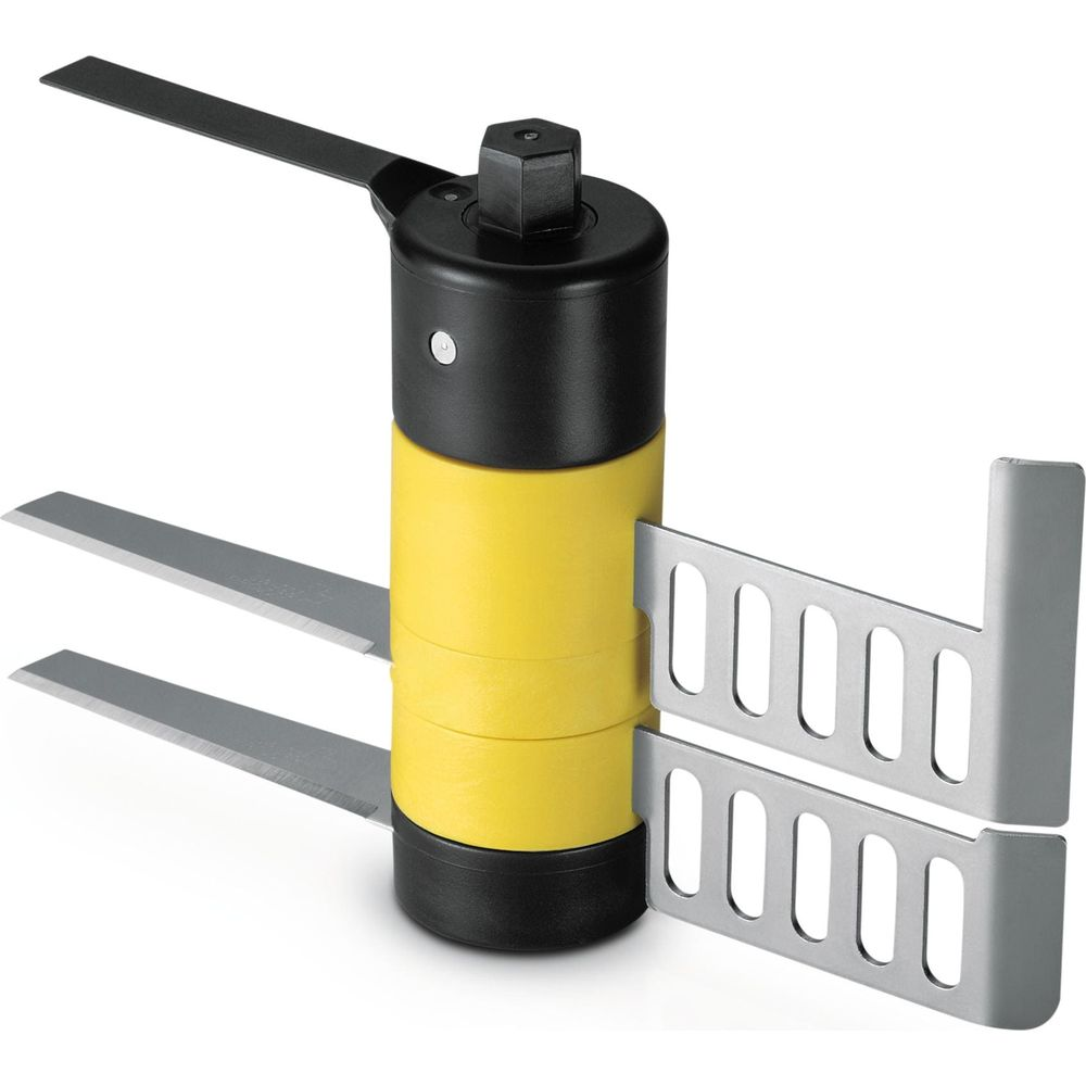 Un accessorio per tritacarne giallo e nero con due lame e una maniglia.