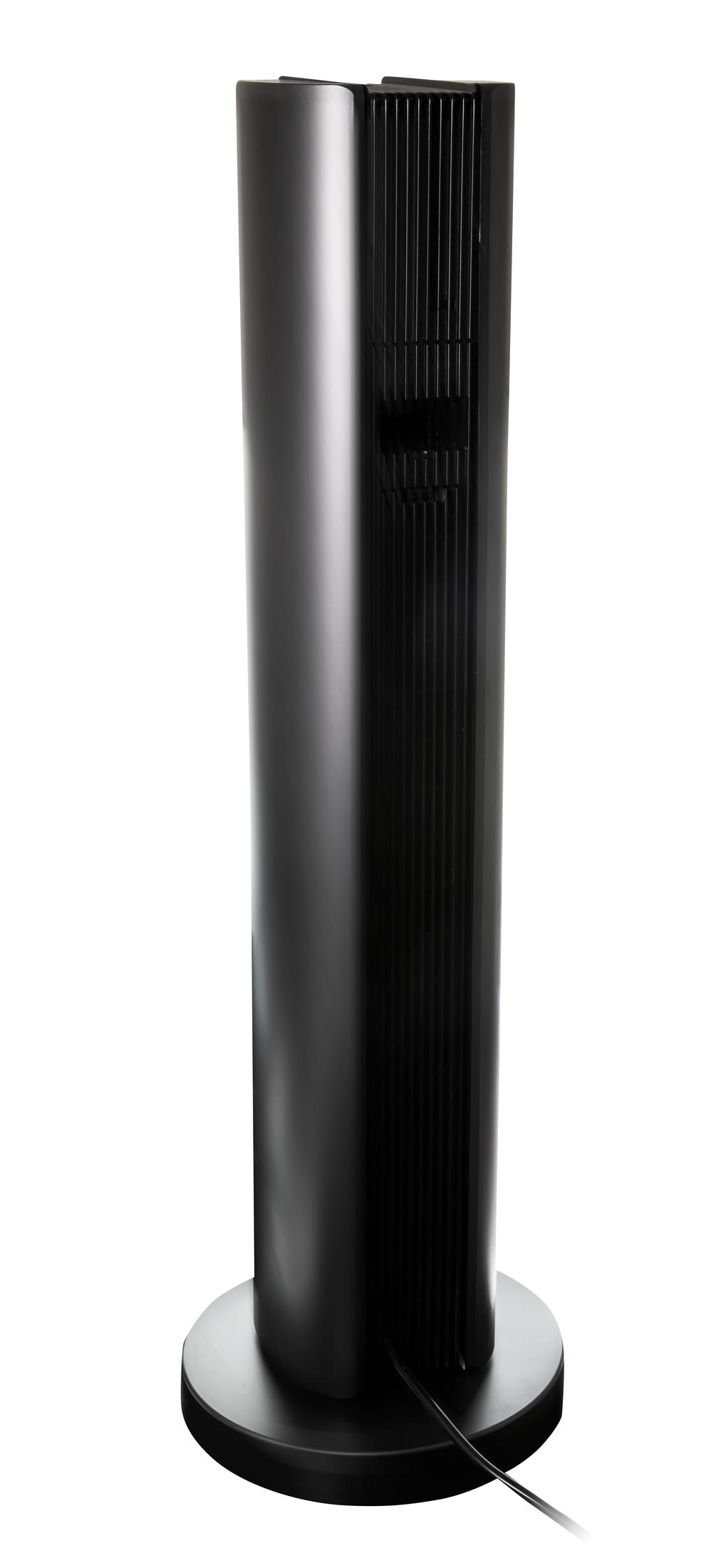 Ein schlanker, schwarzer Turmventilator auf einem runden Sockel mit einem Kabel.
