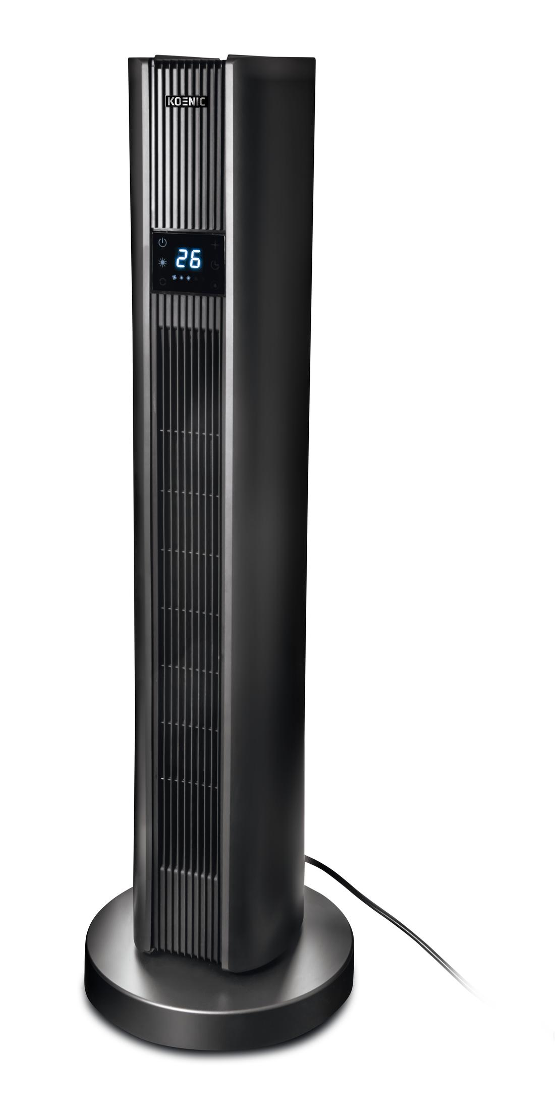 Ein schwarzer Turmventilator mit digitaler Anzeige von 26 und Lüftungsschlitzen.