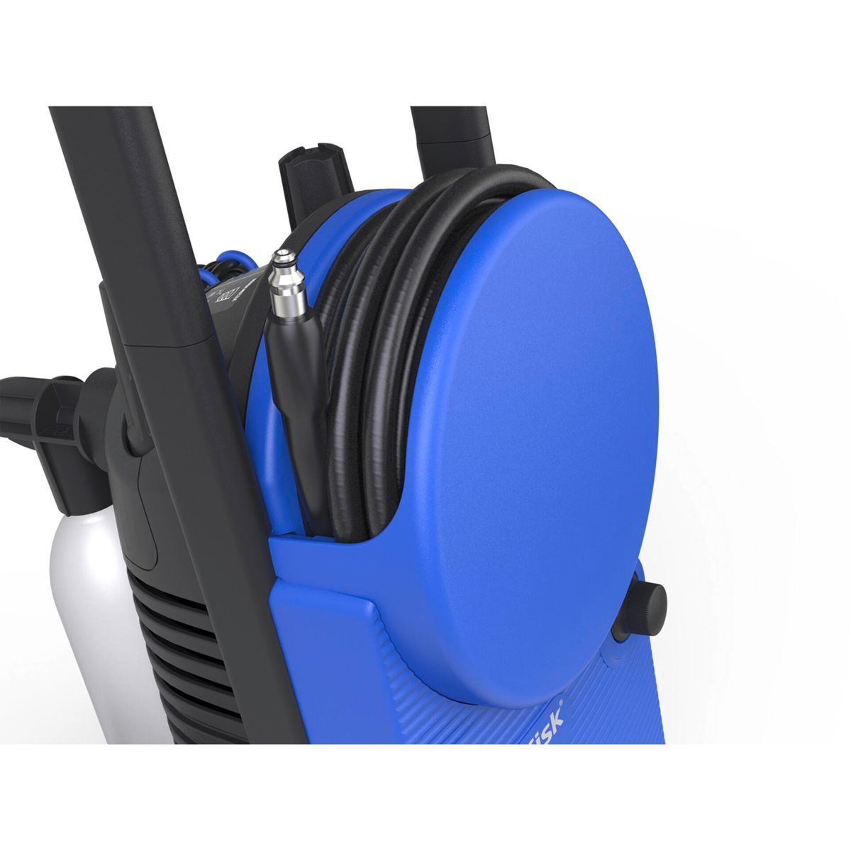 Niebieska myjka ciśnieniowa z nawiniętym wężem i uchwytem.