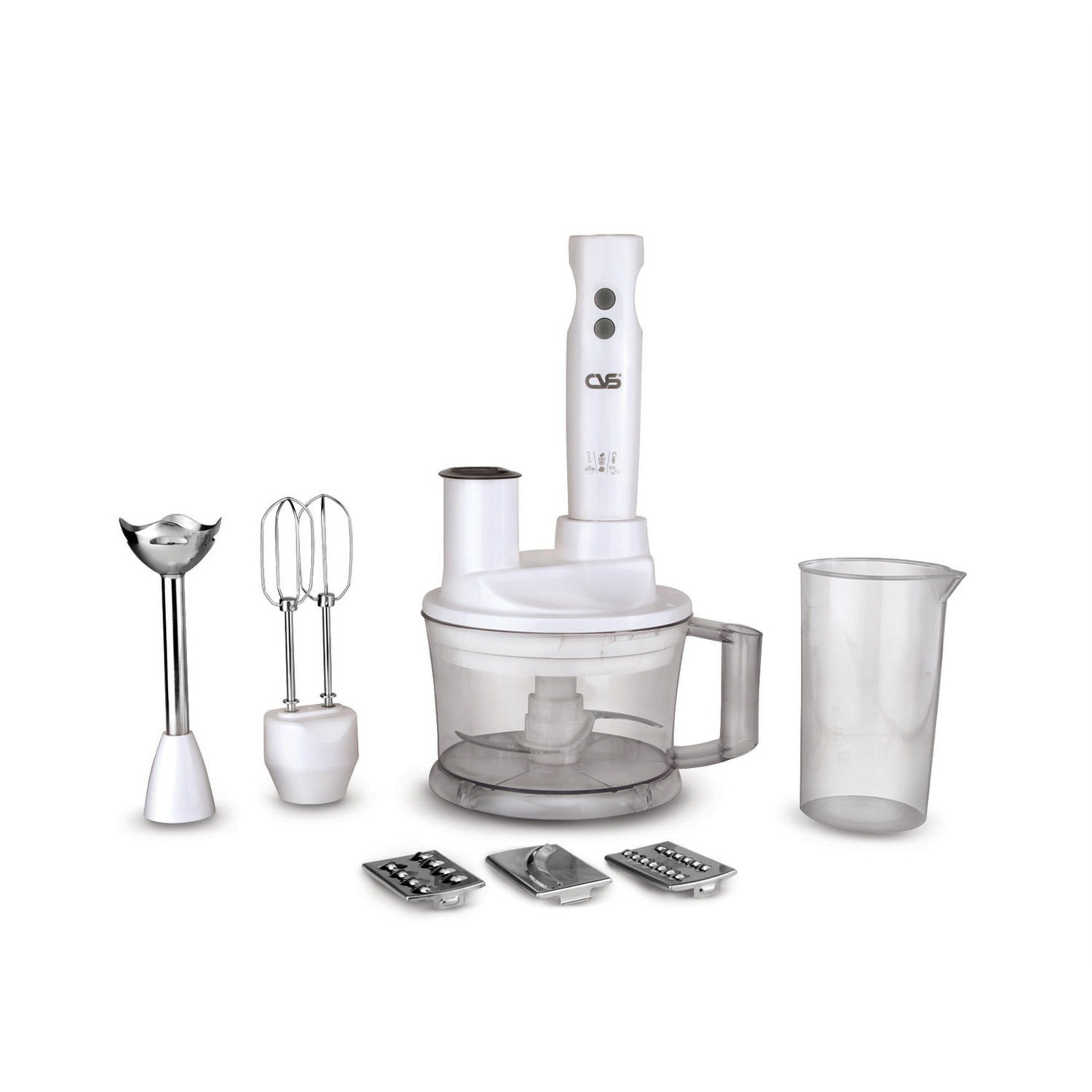 Aksesuarllı beyaz el blenderı: çırpıcı, doğrayıcı, ölçü kabı ve diskler.