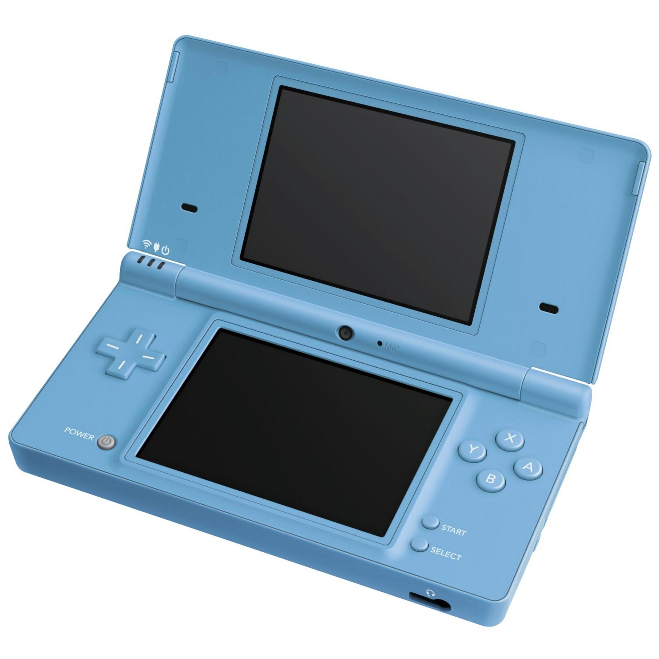 Ein hellblaues Nintendo DS-Handheld mit zwei Bildschirmen und Bedienelementen.