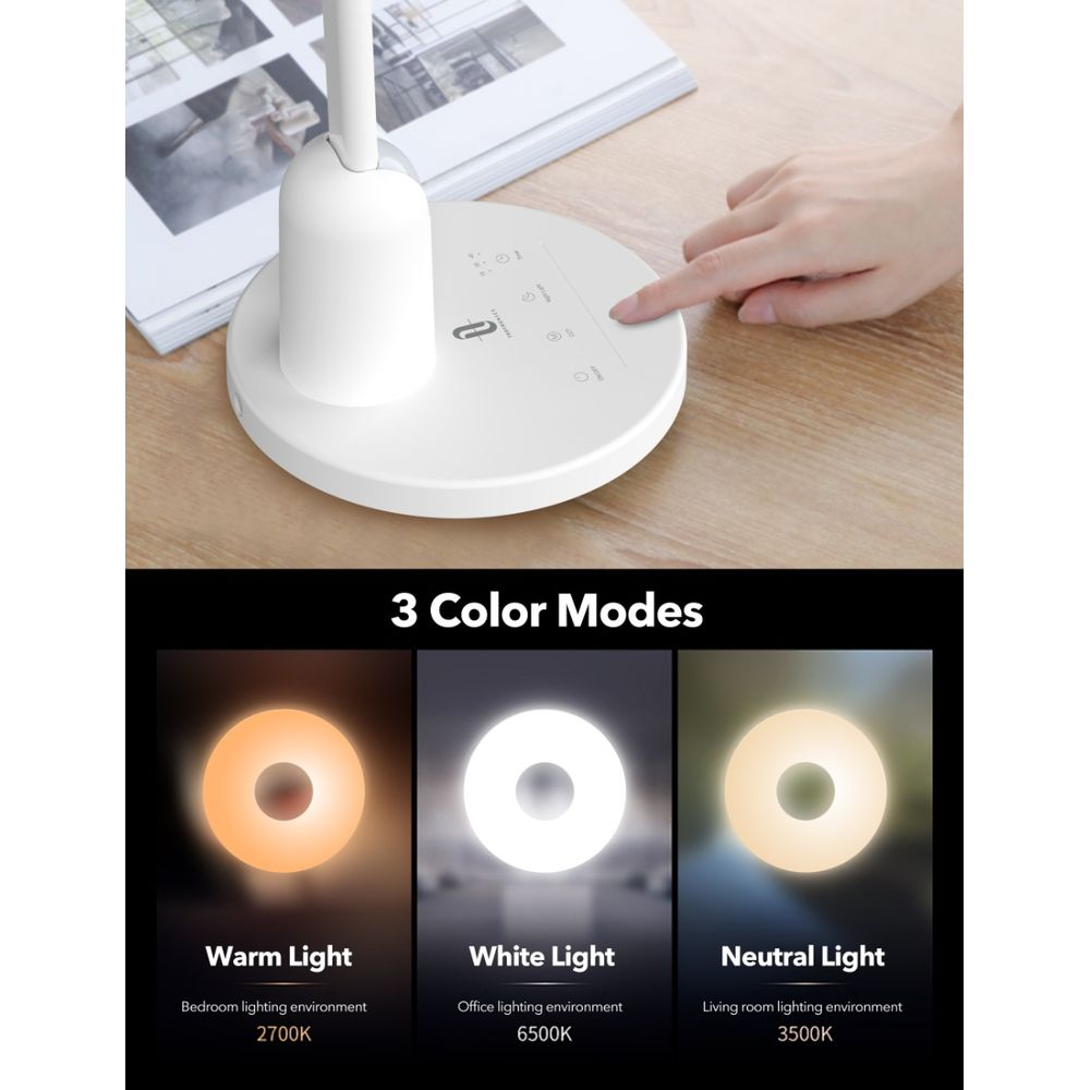 Eine weiße Schreibtischlampe mit drei Lichtmodi: Warm, Weiß und Neutral.