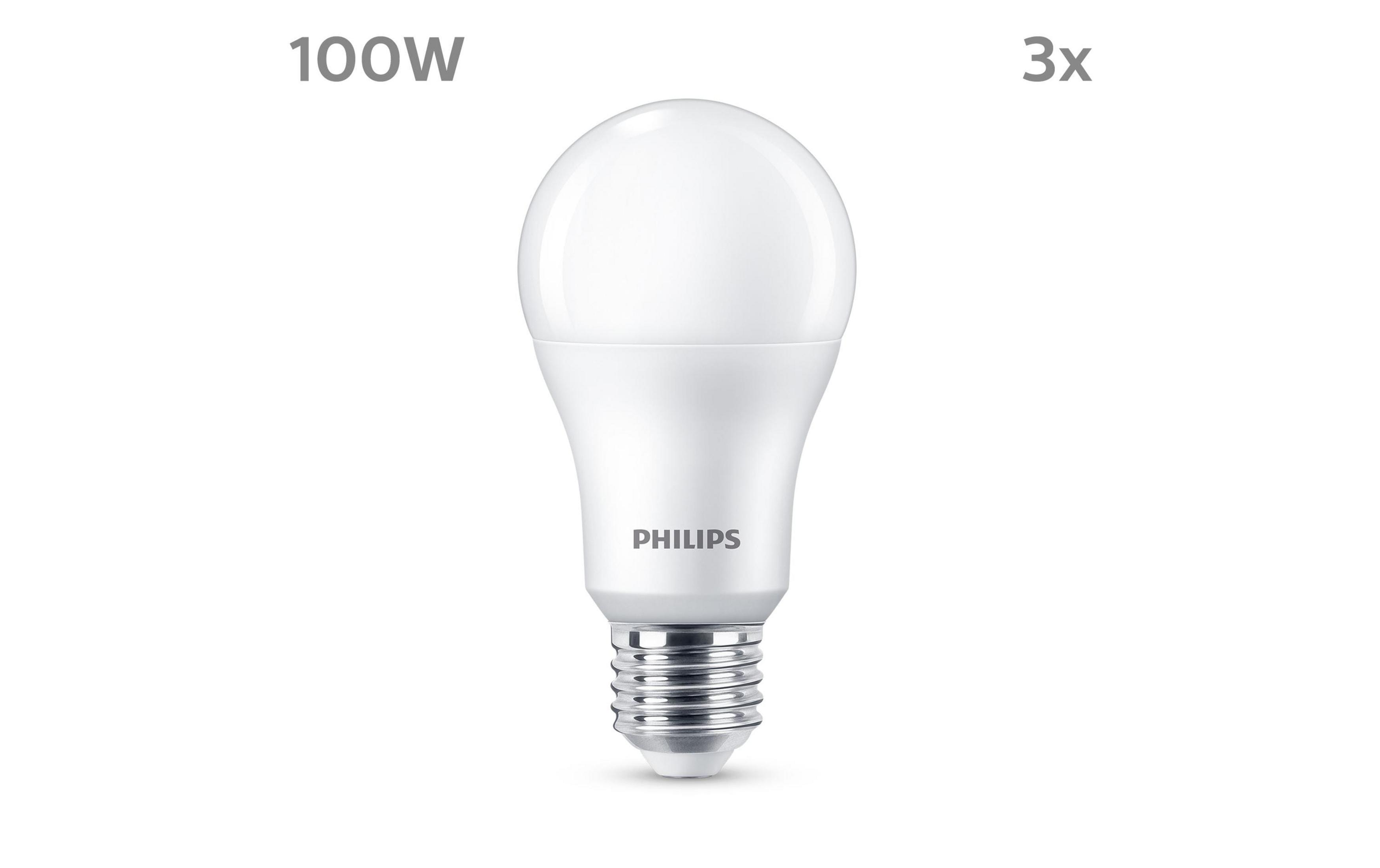 Une ampoule LED Philips blanche de 100W, présentée trois fois.