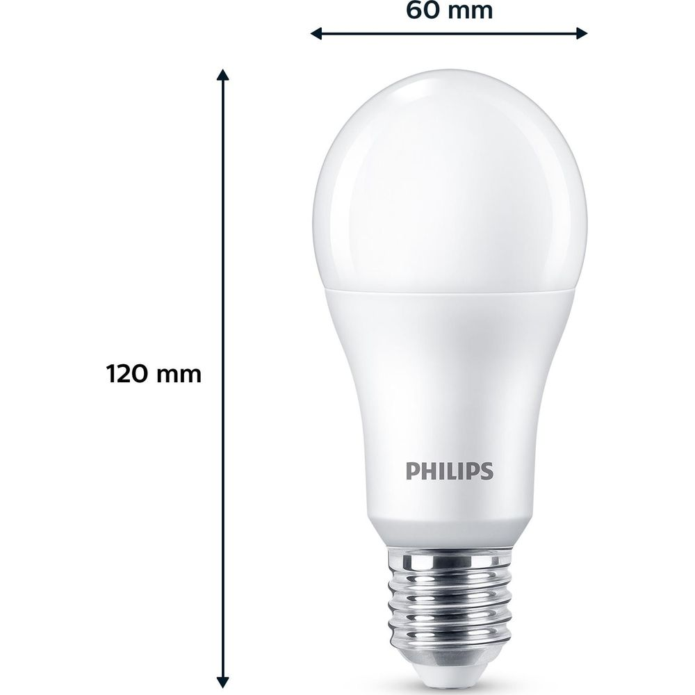 Ampoule LED Philips blanche, 120 mm de hauteur et 60 mm de largeur.