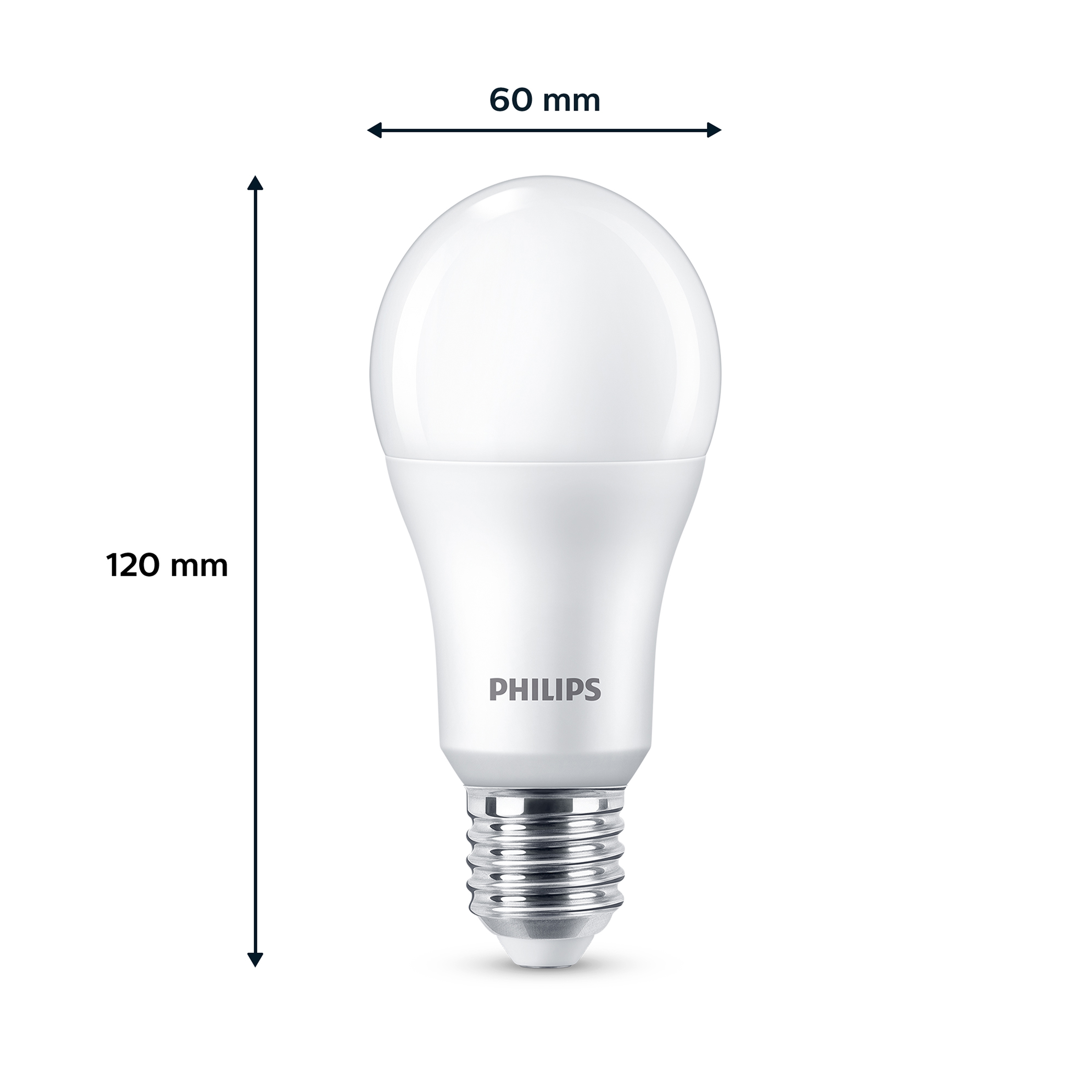 Ampoule LED Philips blanche à culot E27, 120 mm de haut, 60 mm de large.
