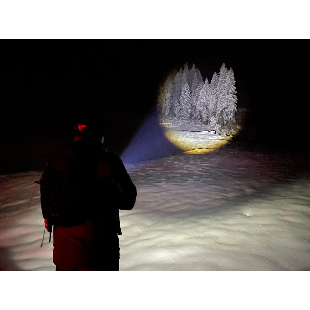 Une personne éclaire des arbres enneigés avec une lampe de poche la nuit.