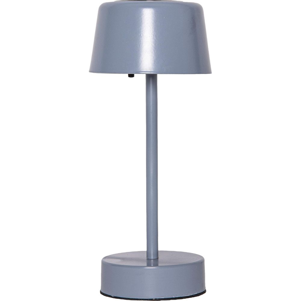 Lampada da tavolo grigia con base rotonda e paralume conico.