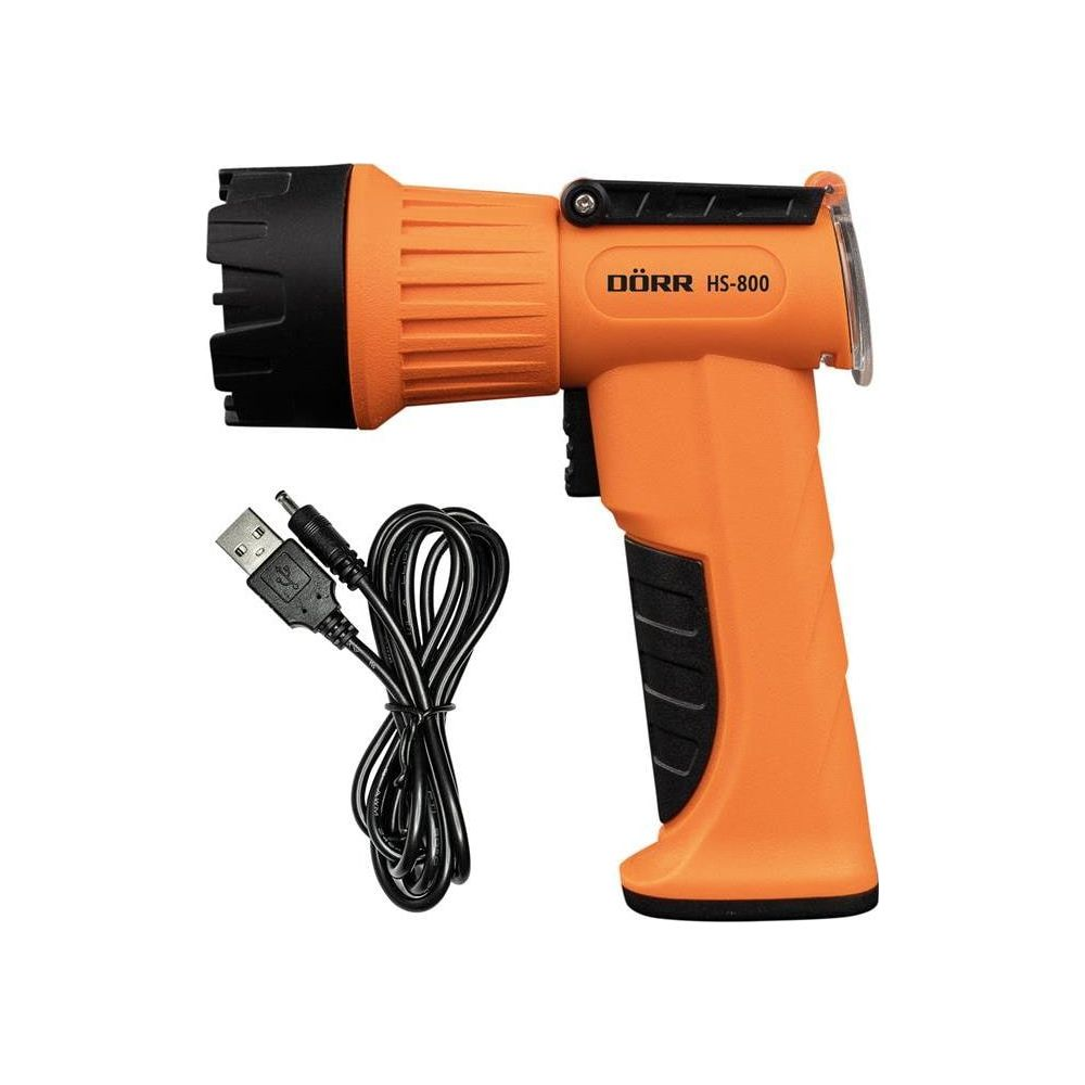 Orange Taschenlampe mit USB-Kabel und schwarzem Griff.