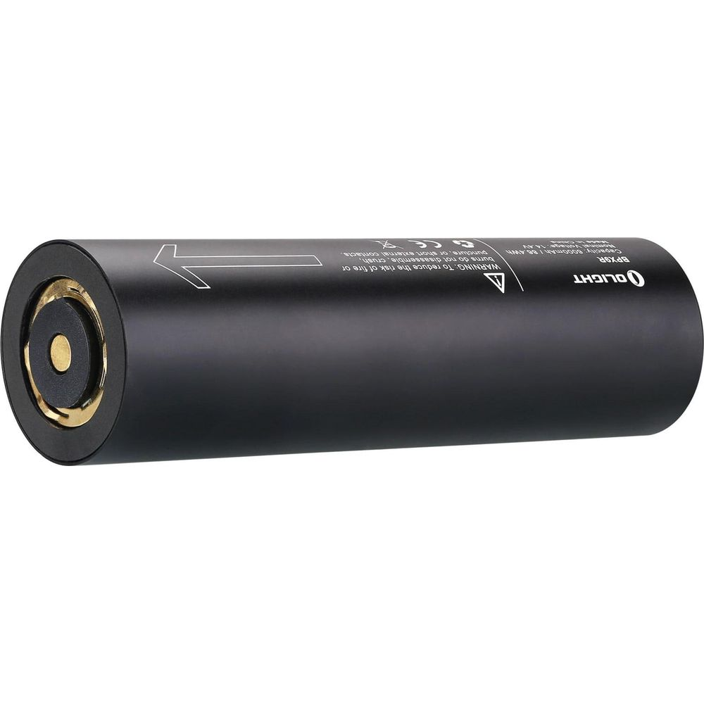 Batterie cylindrique noire avec contacts dorés et étiquettes d'avertissement.