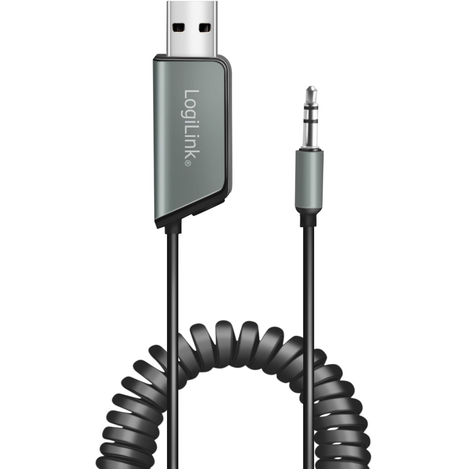 Een USB-stekker en een 3,5 mm jackstekker aan een spiraalkabel.