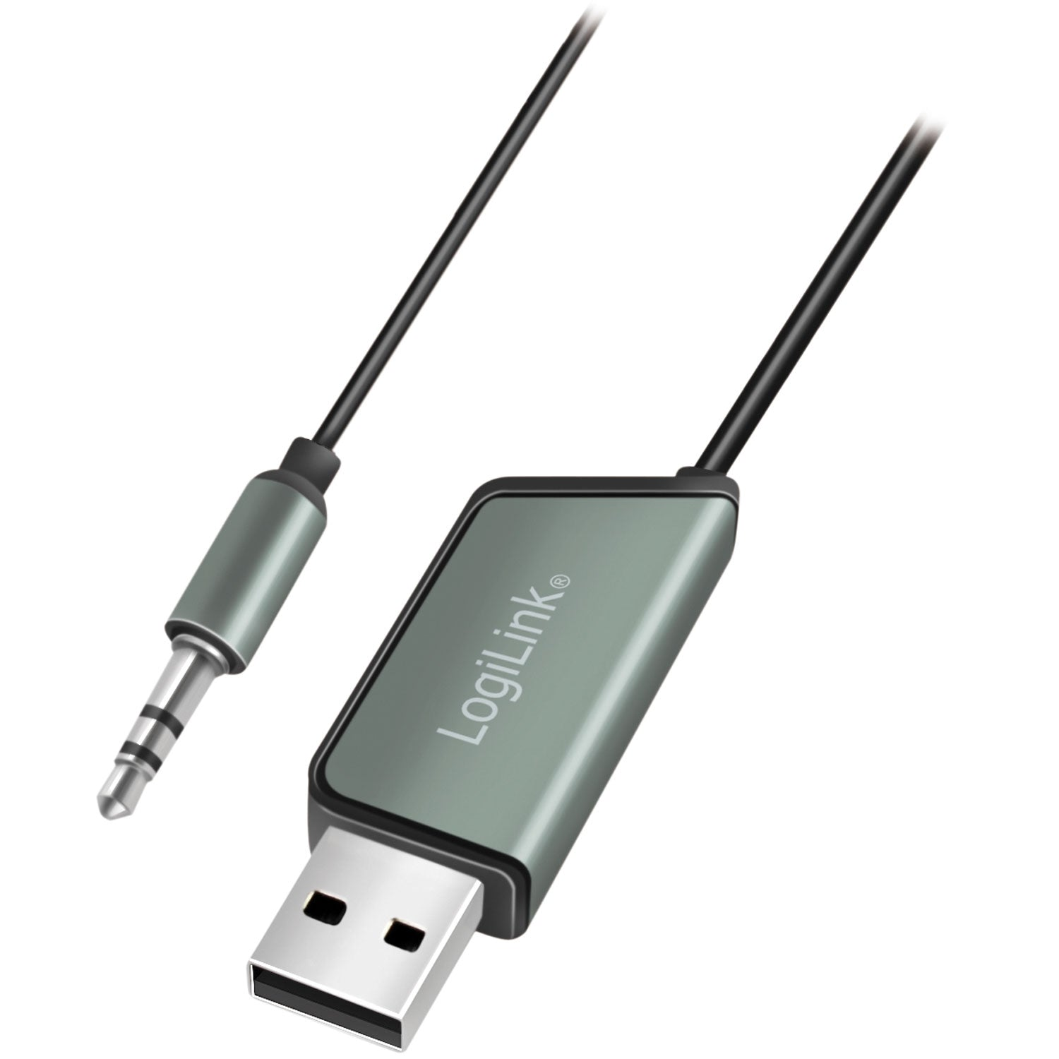 Een zilveren USB naar 3,5 mm adapter met LogiLink-logo.