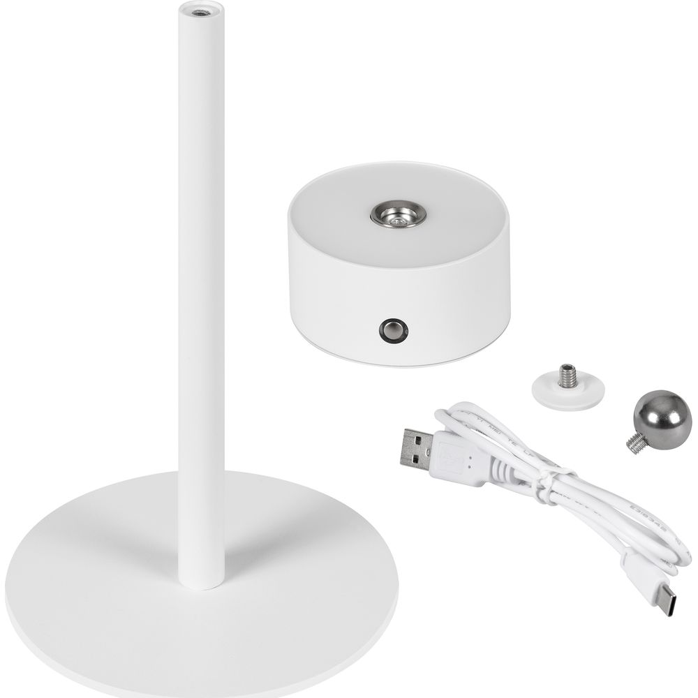 Weiße Lampe mit rundem Fuß, Stab, Zylinderbasis und USB-Kabel.