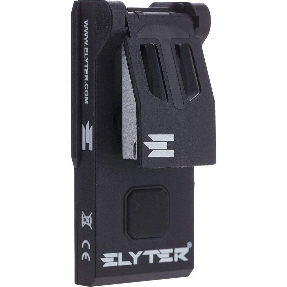 Appareil Elyter noir avec clip. Affiche logo et site web www.elyter.com.