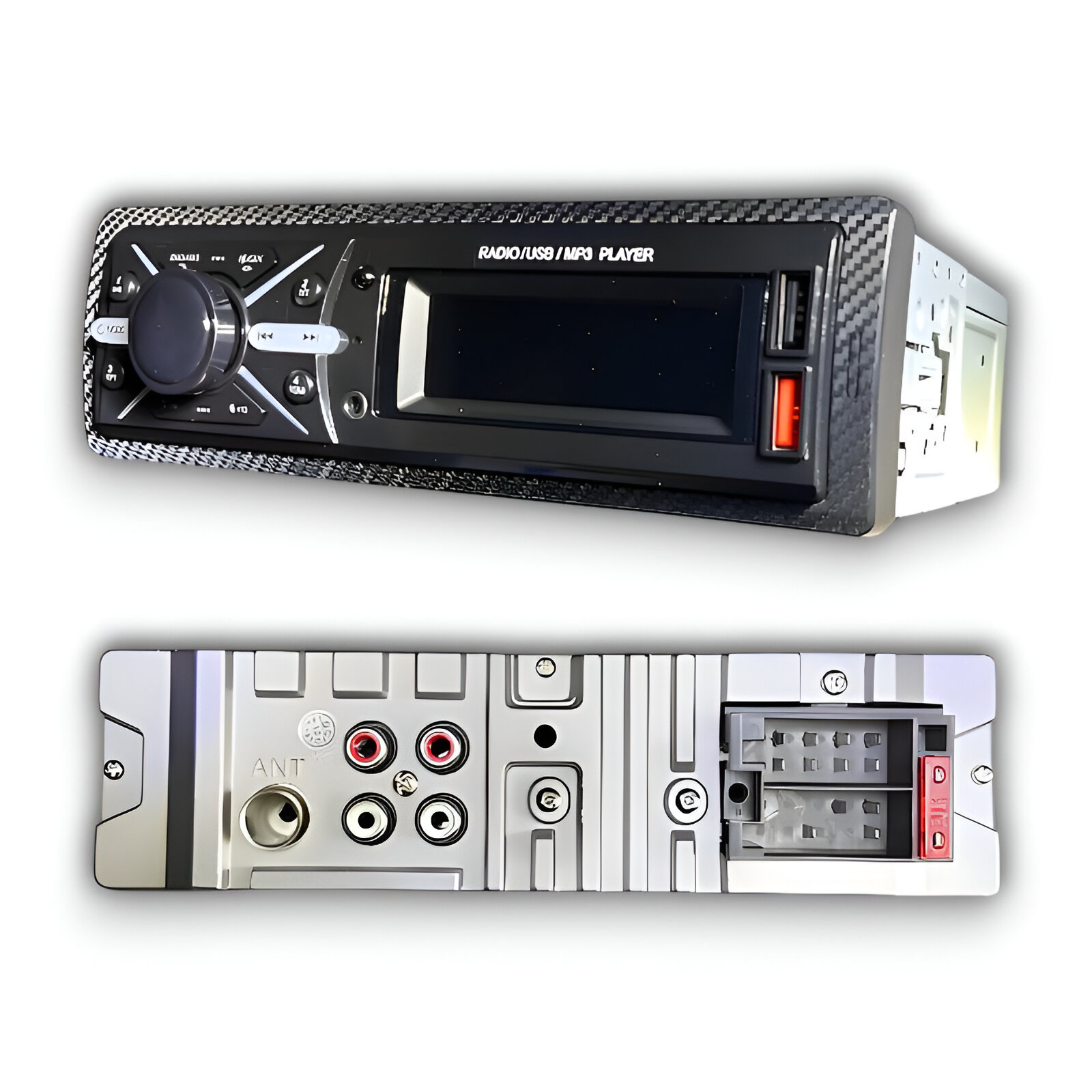 Una radio de coche con panel frontal y conexiones traseras sobre fondo blanco.