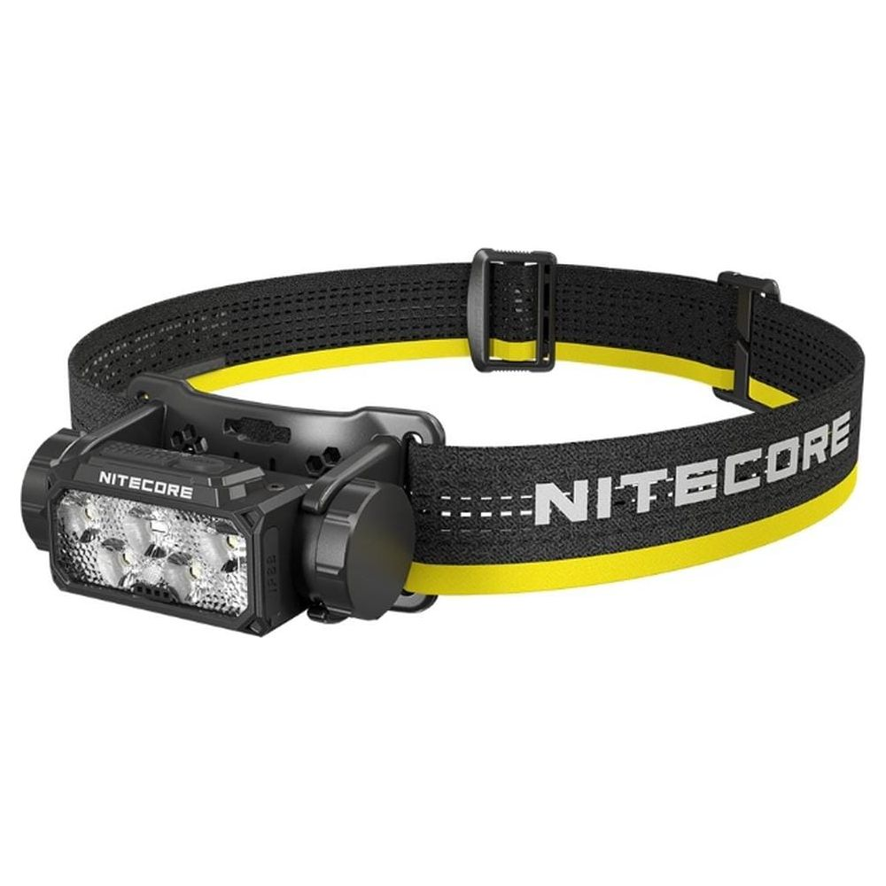 Lampe frontale Nitecore noire avec accents jaunes et plusieurs LED.