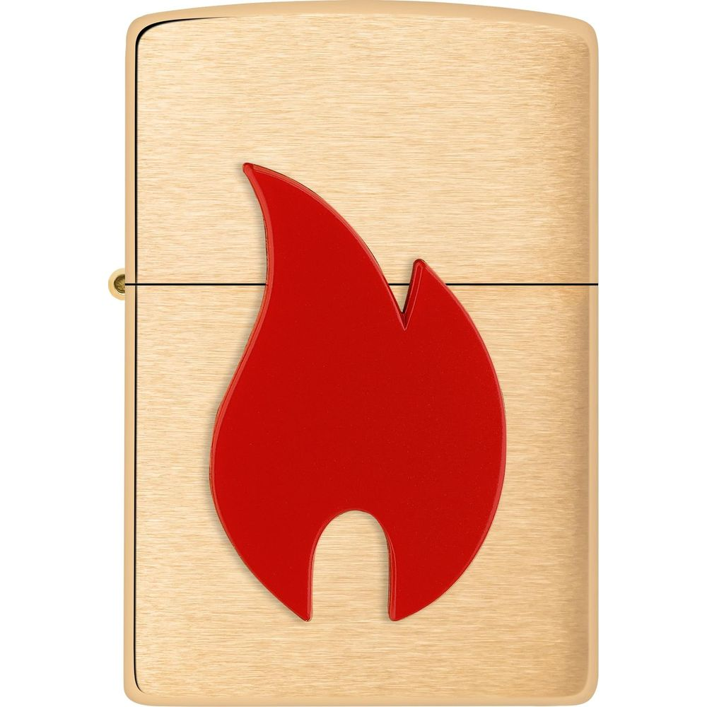 Ein goldfarbenes Feuerzeug mit rotem Flammen-Design auf der Vorderseite.