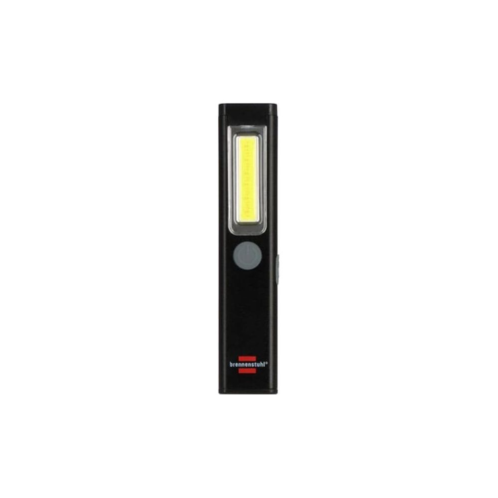 Torcia nera con striscia LED e pulsanti grigi, con logo in basso.