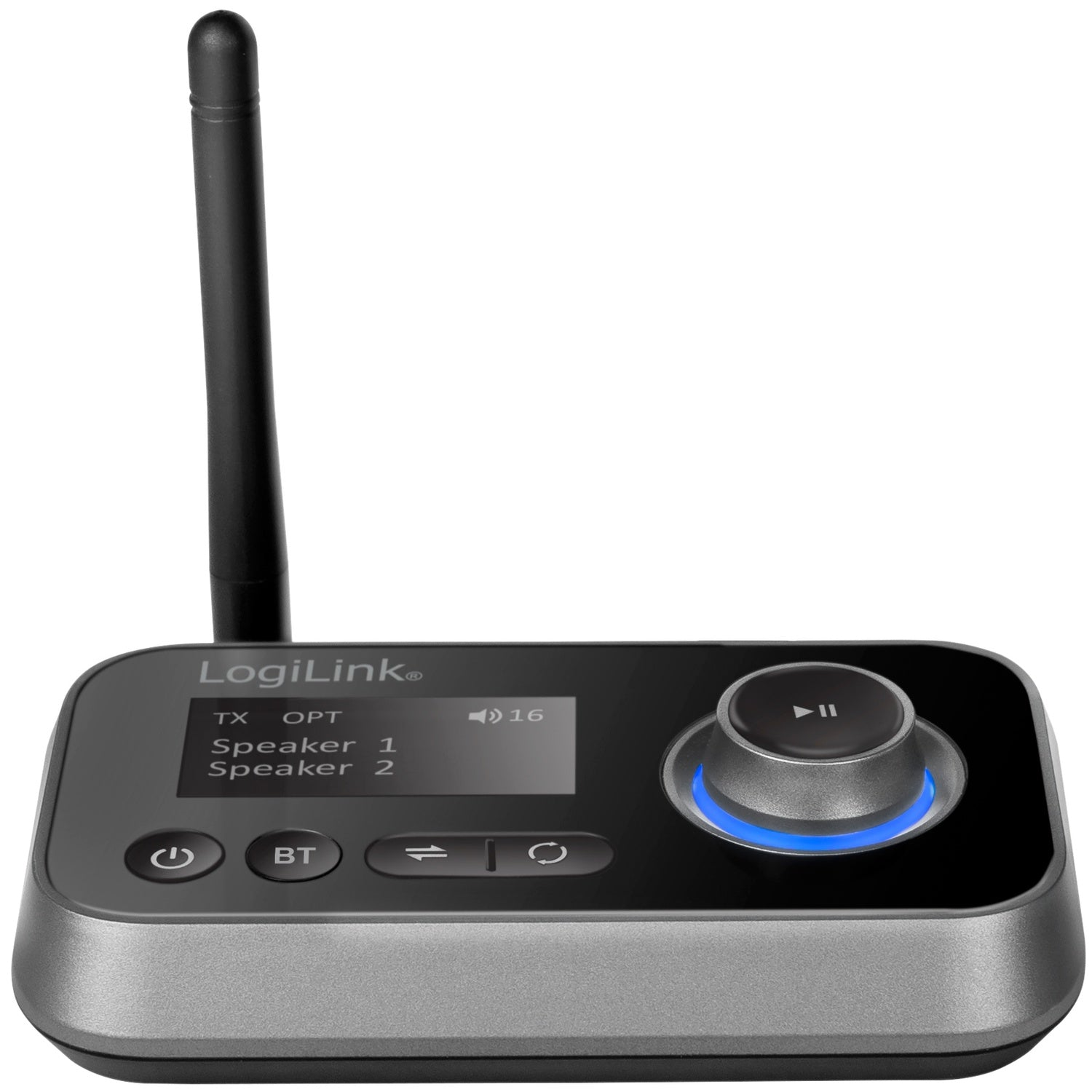 Een grijs LogiLink audioapparaat met antenne, display en draaiknop.