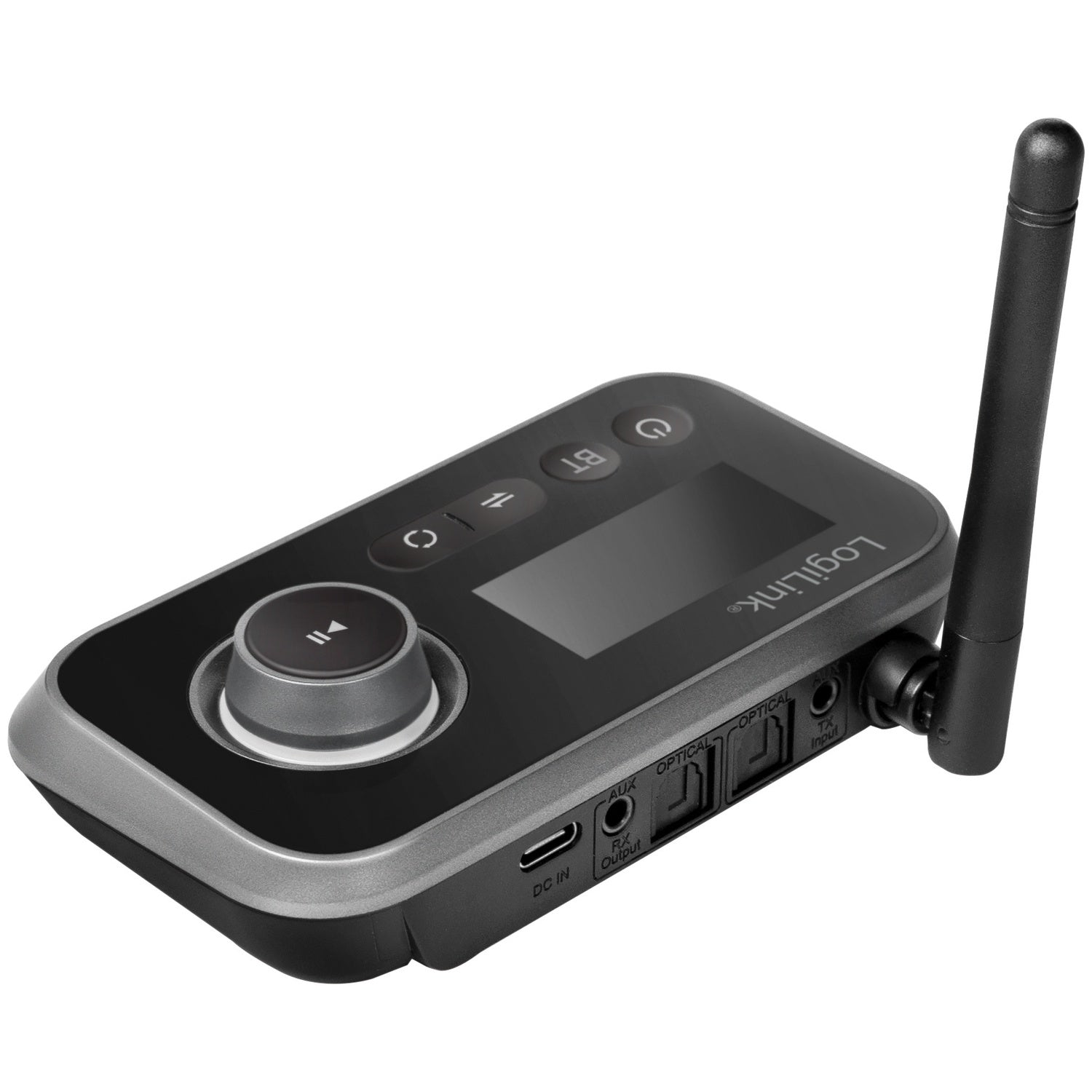 Een zwarte LogiLink Bluetooth-zender met draaiknop, knoppen, scherm en antenne.