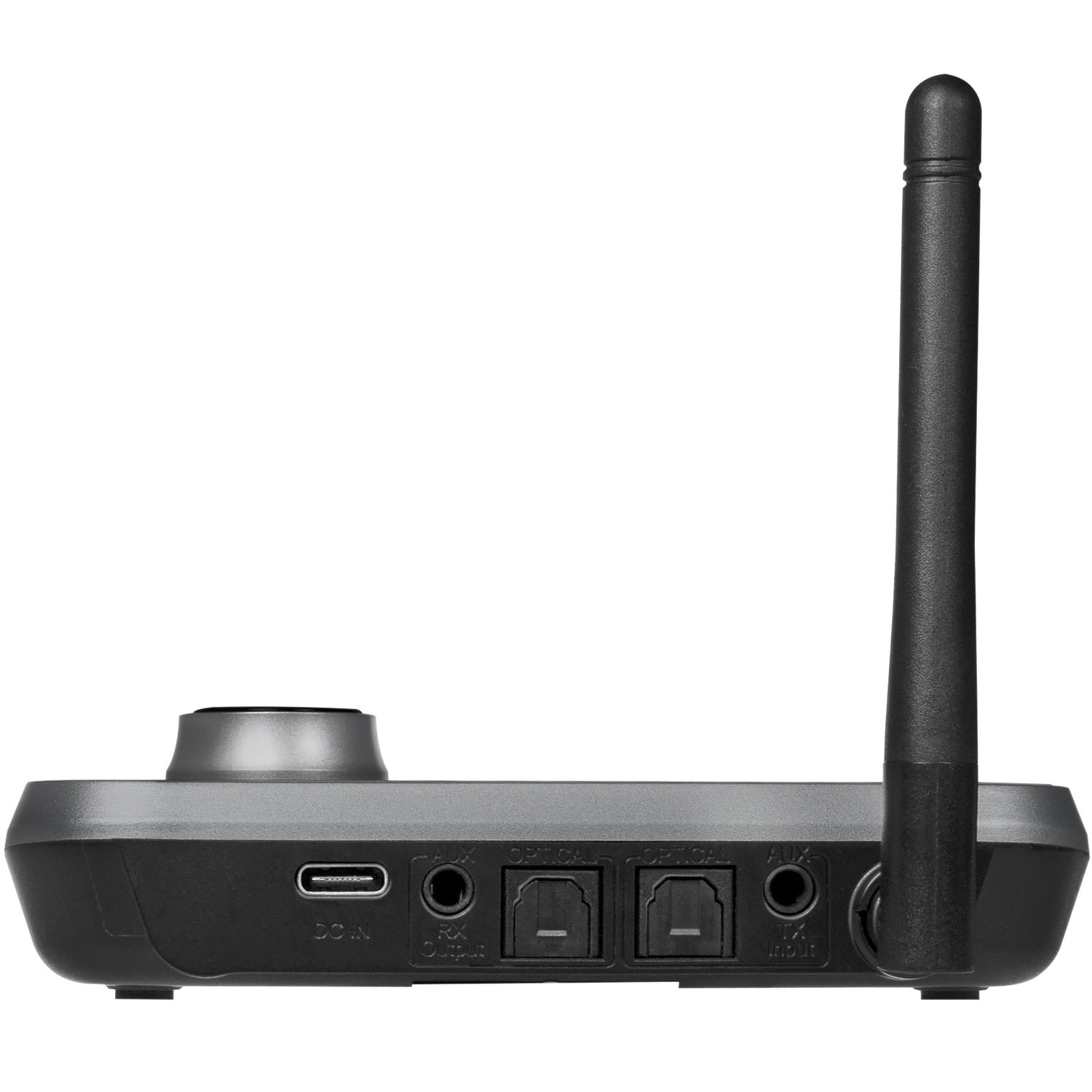 Achterkant van een zwarte draadloze ontvanger met poorten: DC IN, AUX, Optical, TX Input.