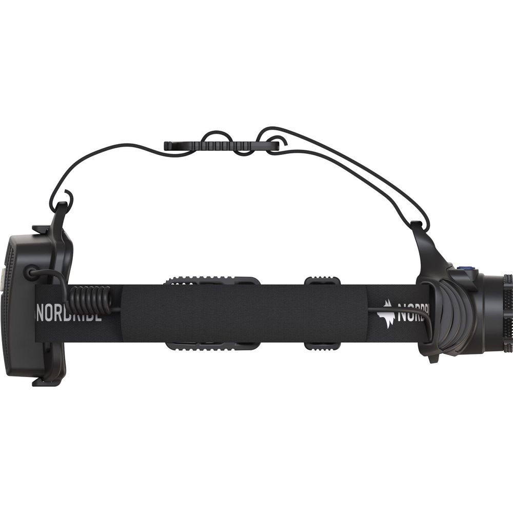 Lampe frontale noire avec sangle réglable et réflecteur argenté.