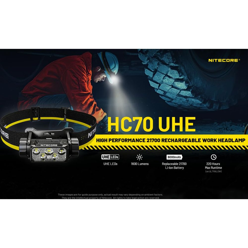 Lampe frontale de travail Nitecore HC70 UHE, 1600 lumens, batterie 6000mAh.