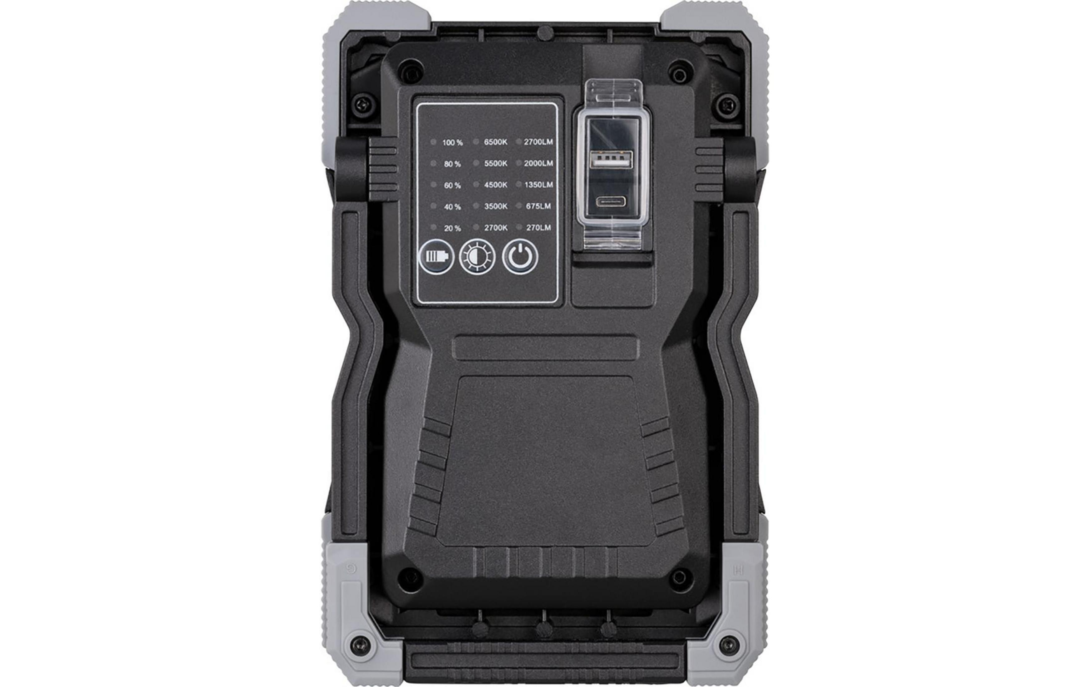 Rückseite einer tragbaren schwarz-grauen Leuchte mit Einstellungen und USB-Anschlüssen.