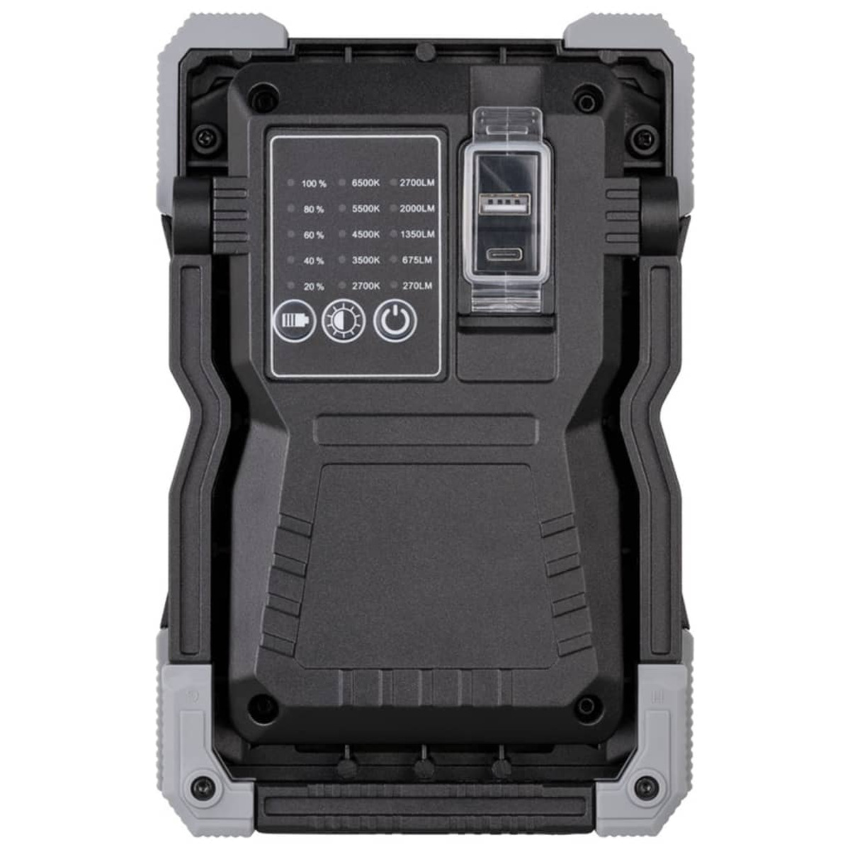 Rückseite eines schwarzen und grauen Arbeitslichts mit USB-Anschlüssen und Leistungsinformationen.