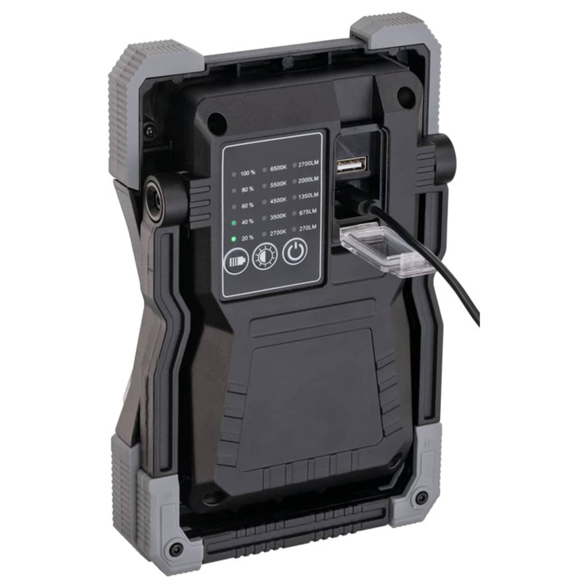 Rückseite einer schwarzen Arbeitsleuchte mit grauen Akzenten, USB-Anschlüsse und Einstellungen.