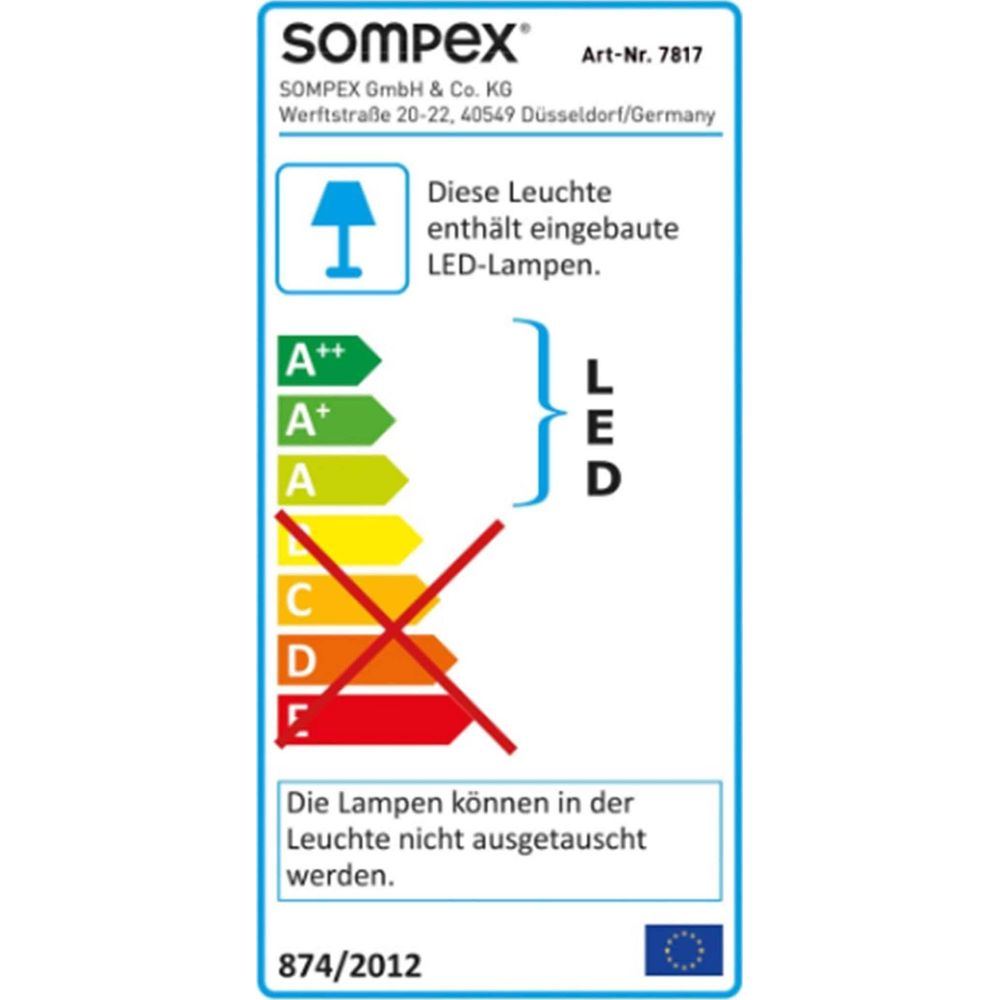 Etichetta energetica per lampada con LED integrati, efficienza da A++ a E.