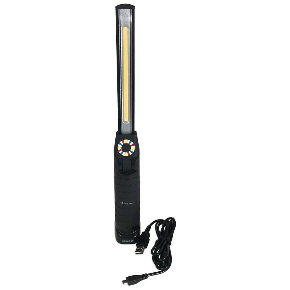 Lampe de travail LED noire avec câble USB, barre lumineuse blanche et roue colorée.