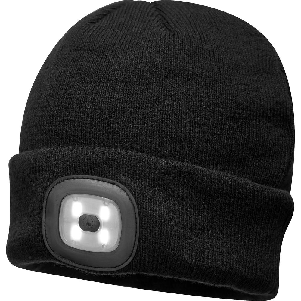 Bonnet noir tricoté avec une lumière LED intégrée sur le devant.