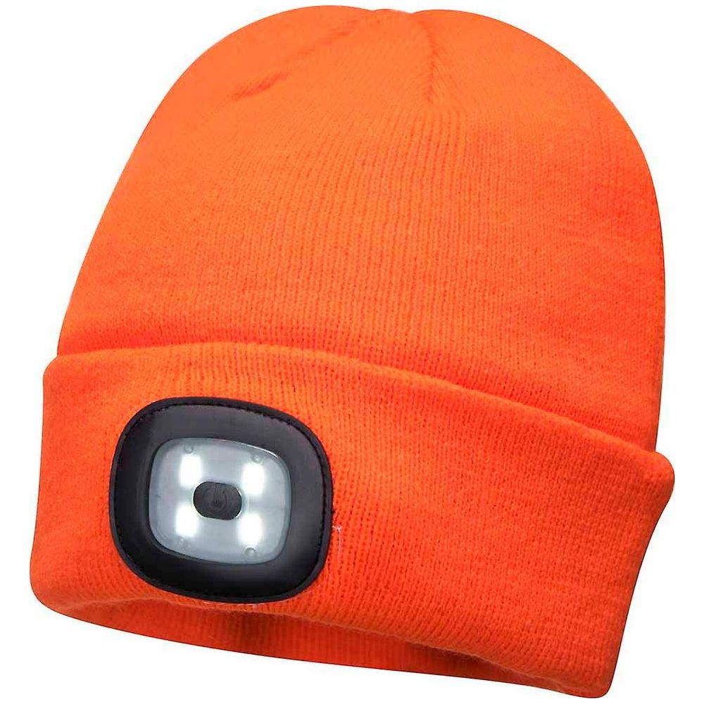 Un bonnet tricoté orange avec une lumière LED carrée sur le devant.