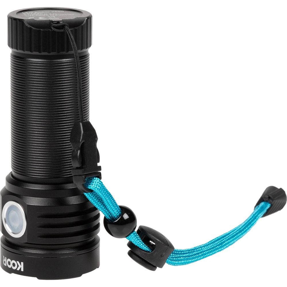 Torcia nera con cordino blu e clip nera, su sfondo bianco.