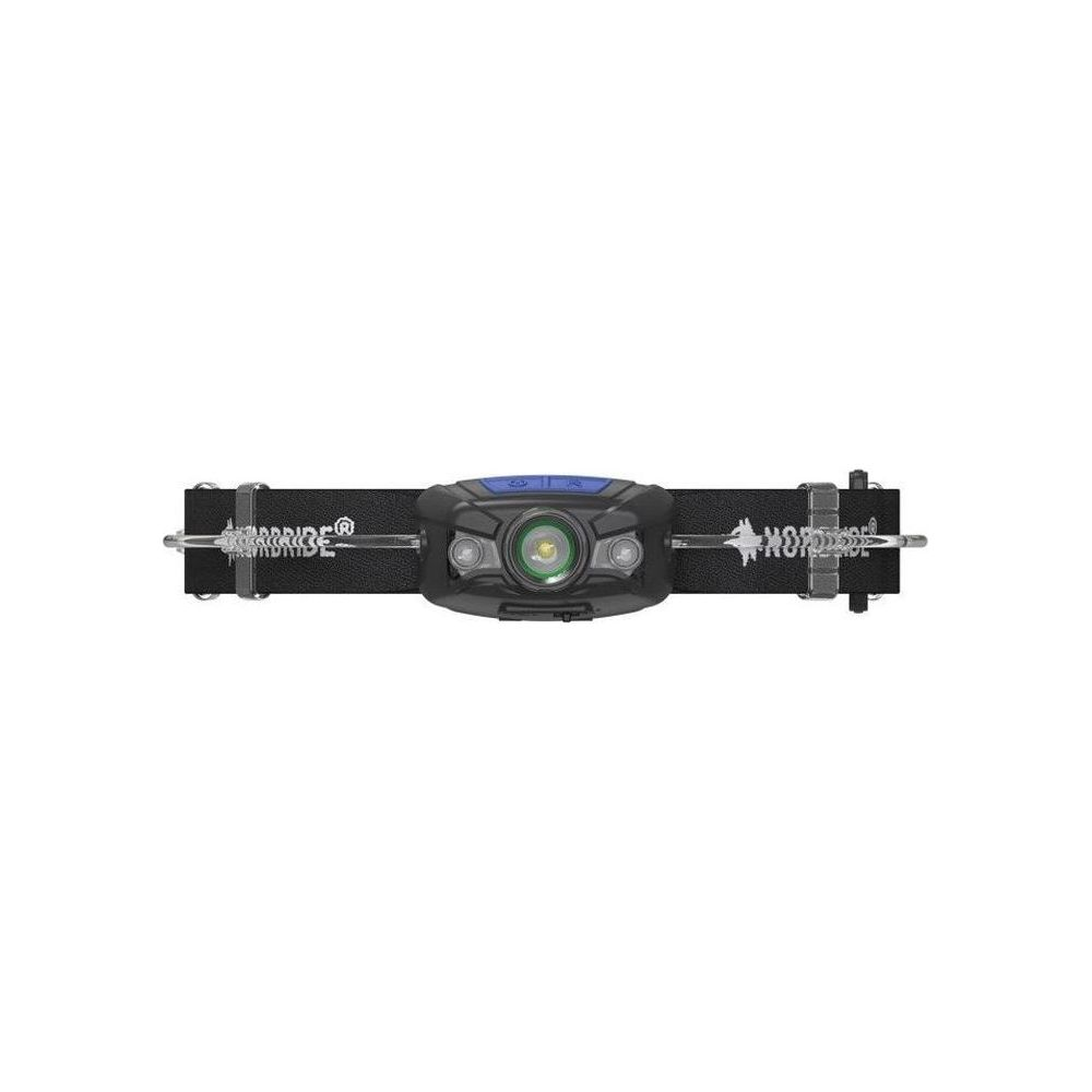 Une lampe frontale noire avec bouton bleu et sangle argentée 'NORDISK'.