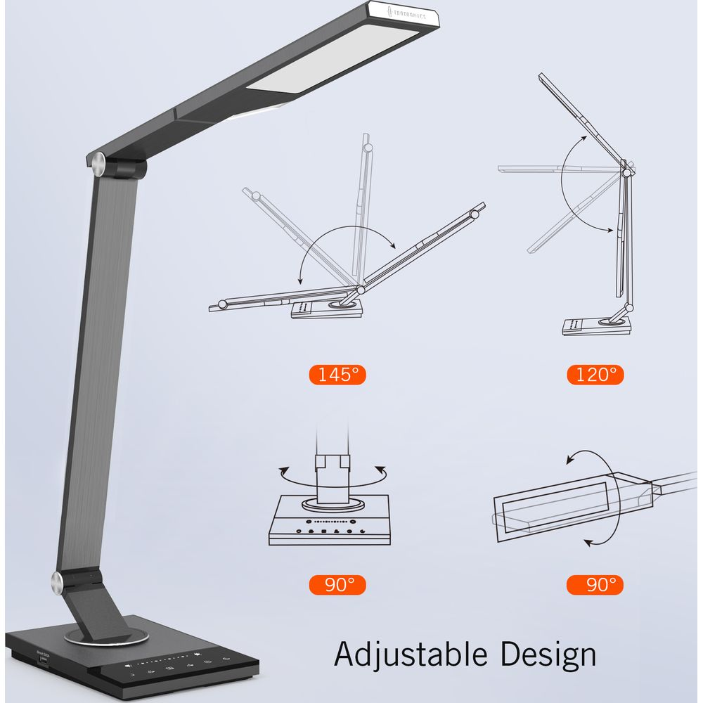 Schwarze, verstellbare Schreibtischlampe mit mehreren Gelenken und Winkelanzeigen.