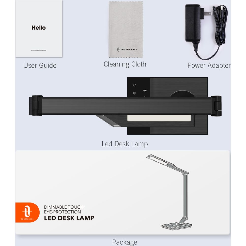 Ein LED-Schreibtischlampe-Paket mit Anleitung, Tuch und Netzteil.