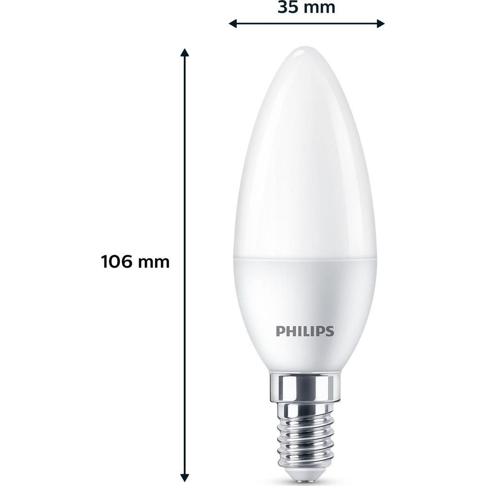 Une ampoule Philips blanche en forme de bougie, base à vis, mesurant 106x35mm.